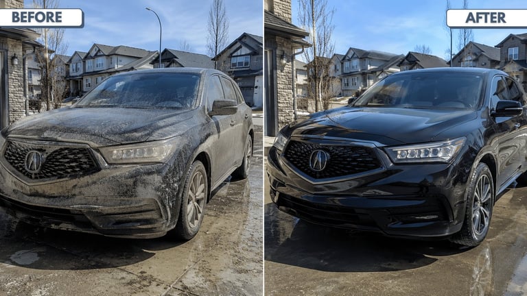 Before and after comparison of a dirty dark-colored SUV transformed to clean and polished condition