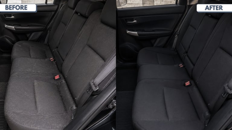 Before and after comparison of car rear seats showing cleaning or conditioning results
