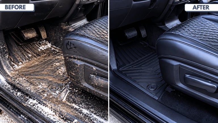 Car floor mats before and after cleaning comparison showing dirty mud-caked mats transformed to clean condition