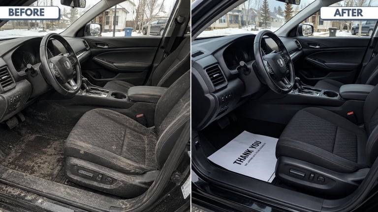 Car interior before and after cleaning, showing dirty vs. clean front seats and floor mats