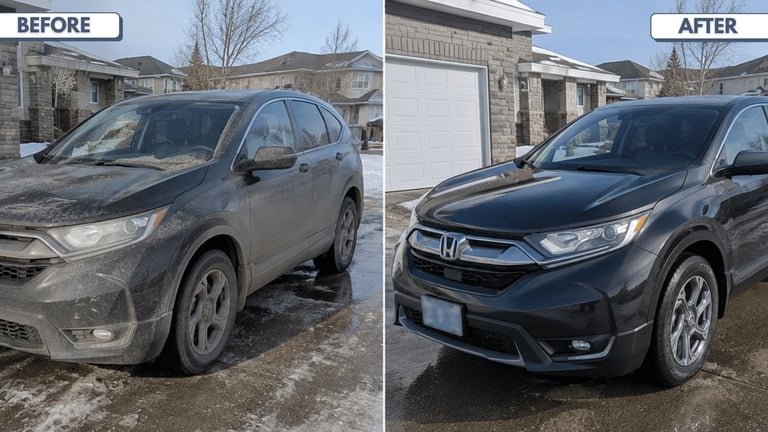 Before and after comparison of a Honda CR-V, showing detailing transformation from dirty to clean appearance