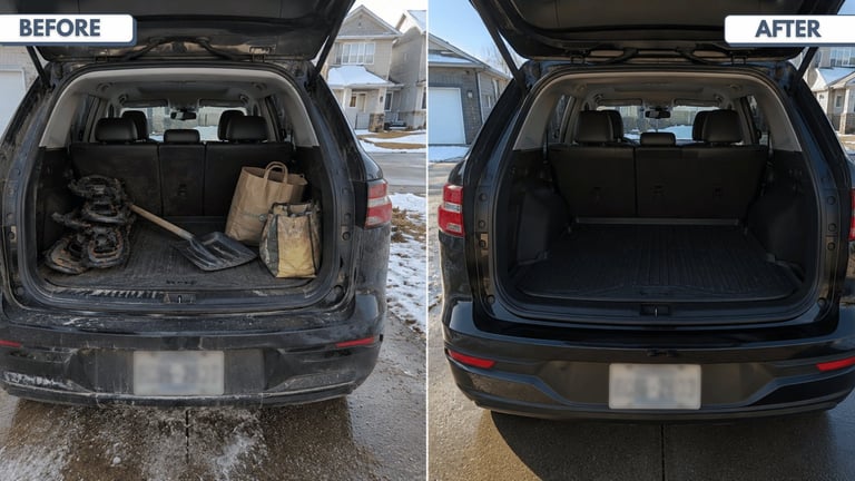 Before and after comparison of car trunk cleaning: messy cluttered trunk on left, organized empty trunk on right